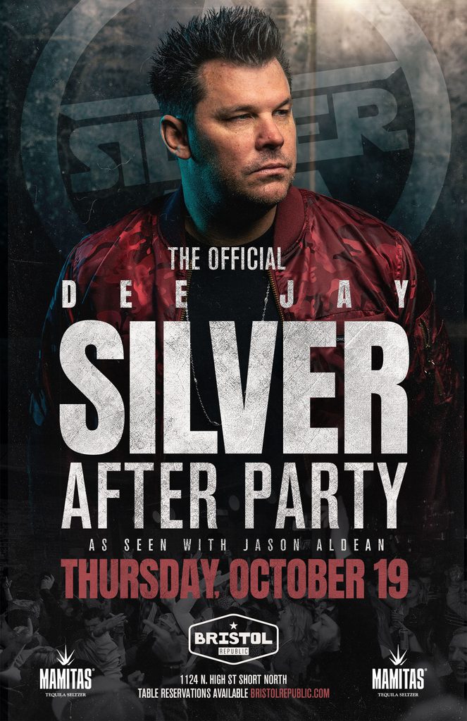 Promotional event poster featuring DJ Silver at Bristol Republic in Columbus, Ohio, with bold distressed typography and artist photography.