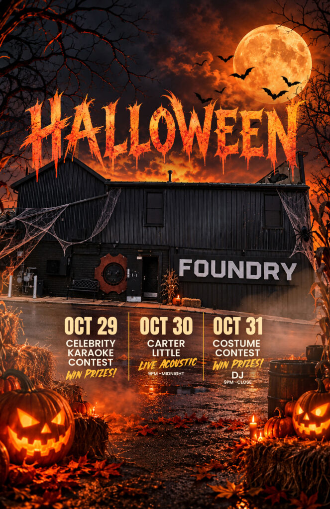 Halloween event poster for The Foundry featuring a glowing full moon, bats, jack-o'-lanterns and a dark, atmospheric venue photograph.