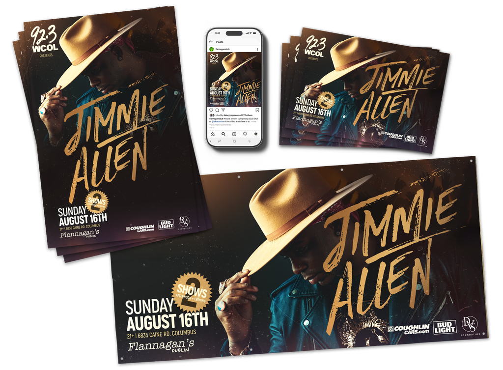 Jimmie Allen concert promotional campaign for Flannagan's Dublin, featuring event posters, digital advertising and social media graphics.