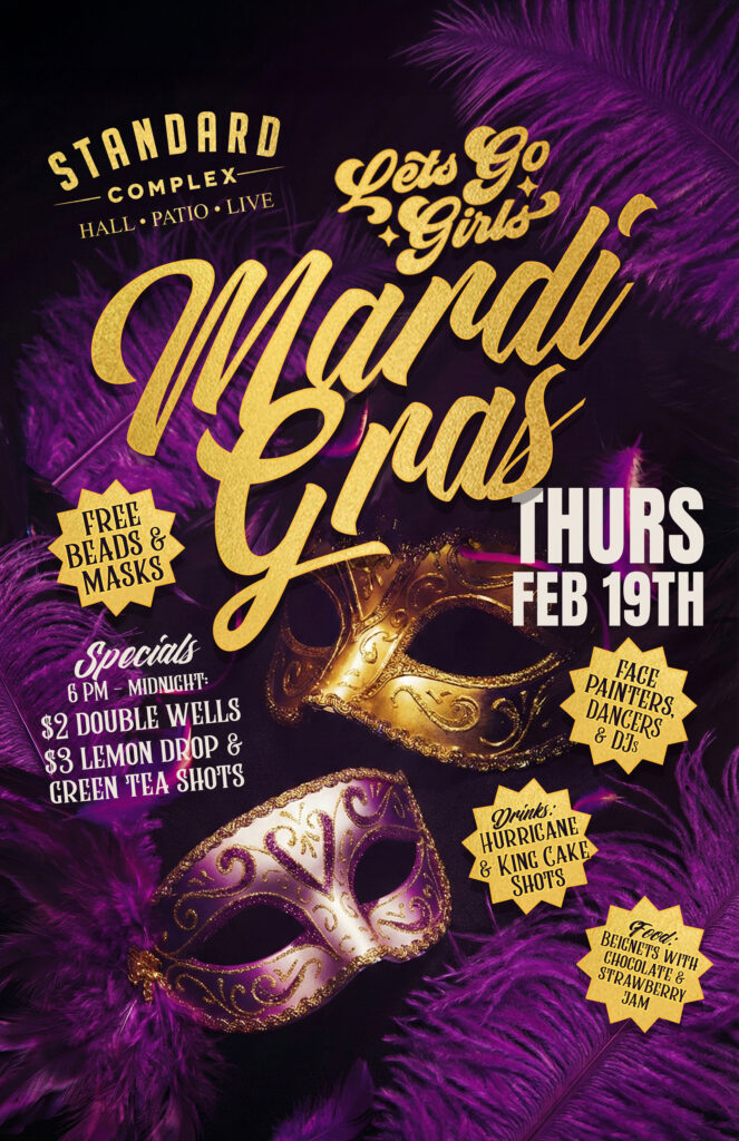 Mardi Gras event poster for Standard Complex in Columbus, featuring gold script lettering, purple feathers and ornate masquerade masks.