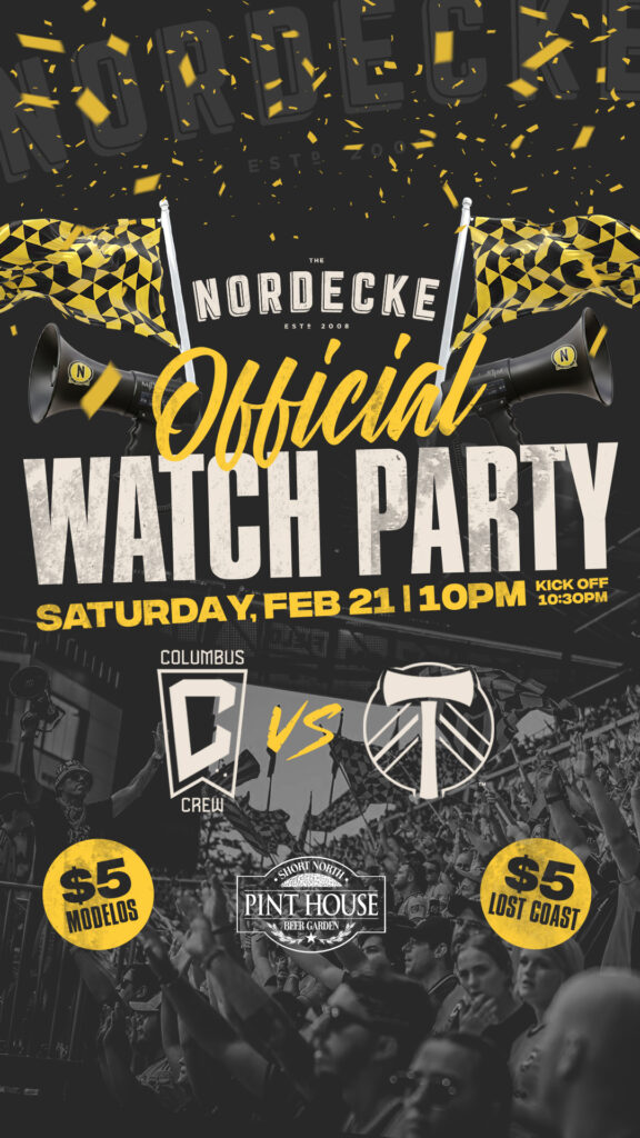 Columbus Crew vs. Portland Timbers watch party poster for Nordecke, featuring black and yellow supporter flags, megaphones and stadium photography.