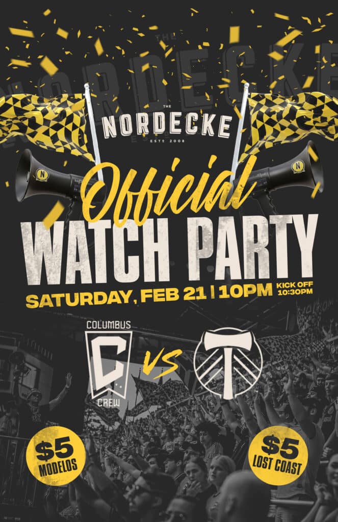 Columbus Crew vs. Portland Timbers watch party poster for Nordecke, featuring black and yellow supporter flags, megaphones and stadium photography.