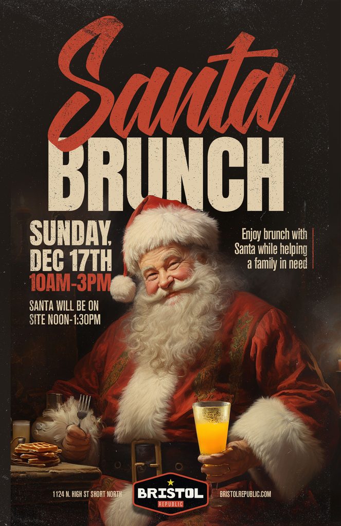 Santa Brunch promotional poster for Bristol Republic in Columbus, featuring Santa Claus holding a mimosa with event details and vintage typography.