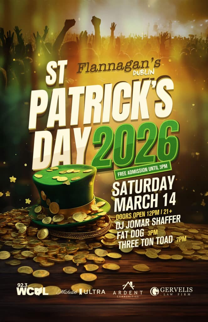 St. Patrick's Day 2026 event poster for Flannagan's Dublin, featuring green and gold typography, a leprechaun hat and live music details.