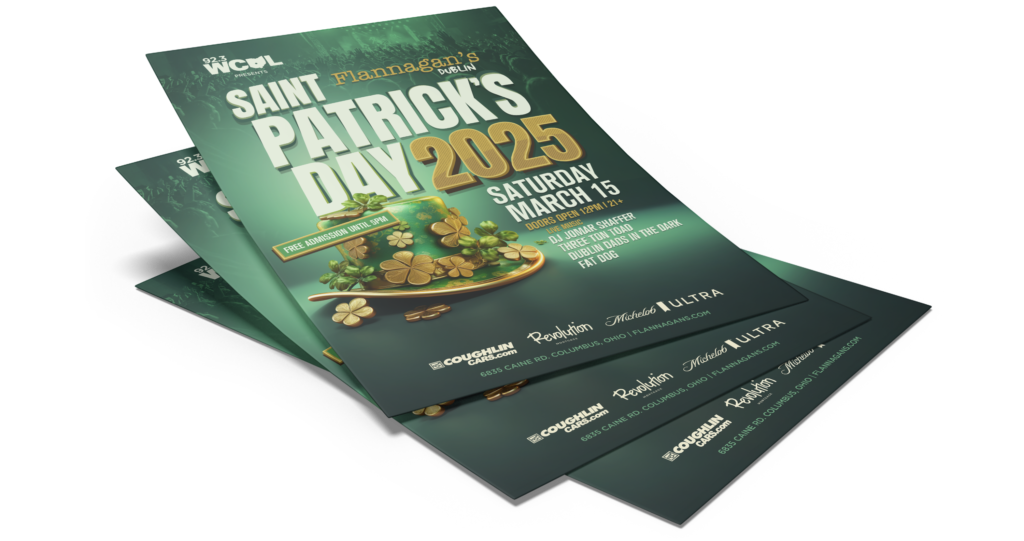 St. Patrick's Day 2025 promotional flyer design for Flannagan's Dublin, featuring green and gold graphics, shamrocks and event information.